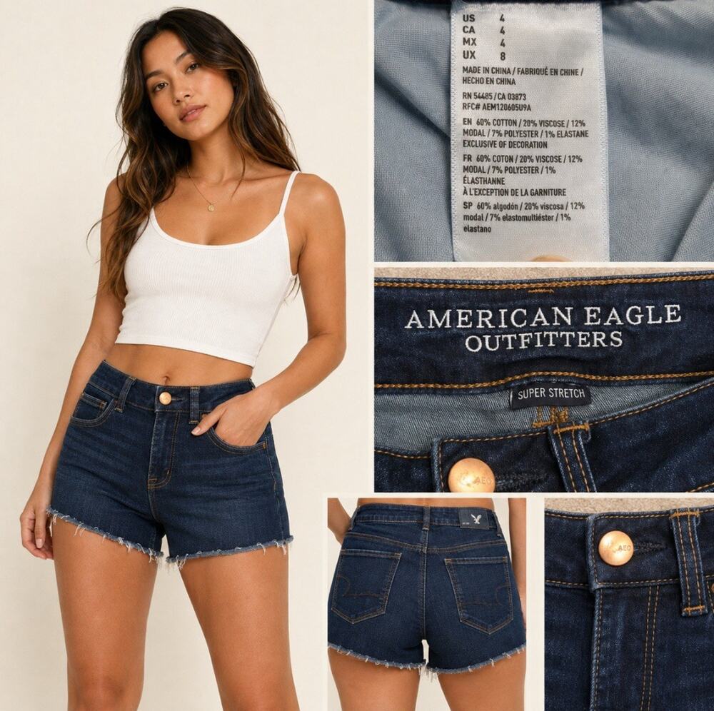 Y2K Indie Sleaze American Eagle Hi-Rise Cutoff Shorts Sz 4 Dark Wash Indigo 00s